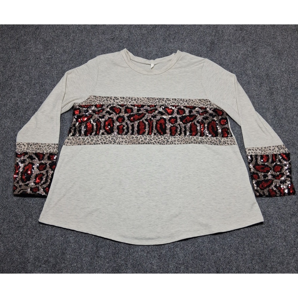 Lilypad Long Sleeve Top 1XL Red‎ Sequined Leopard Print